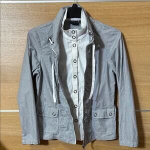 Tribal Women's Sz 12 Utility Jacket in Blue Gray stripes snap & zip closure